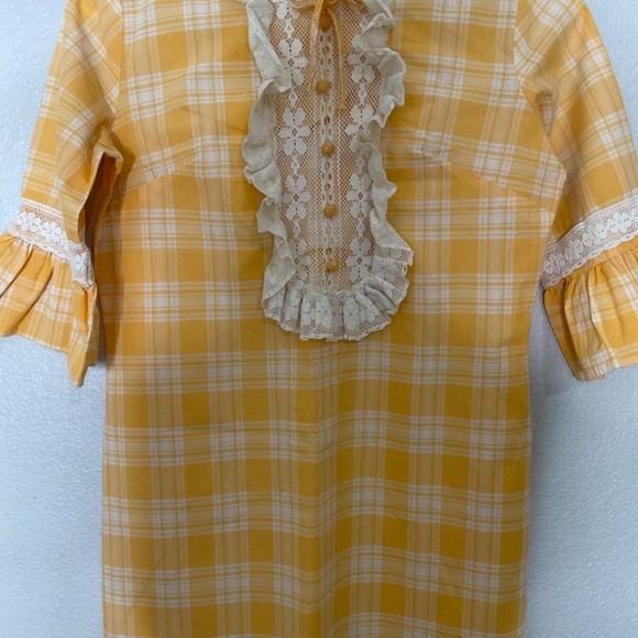 Vintage 1979’s Plaid And Lace Dress / Prairie Cottage Core Dress/white & orange - Picture 3 of 7
